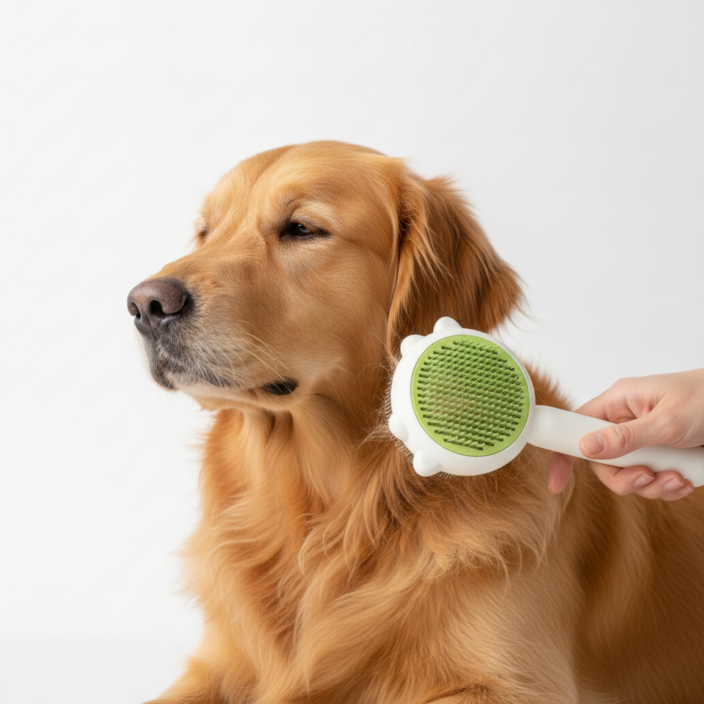 SlickPaw grooming brush with dog